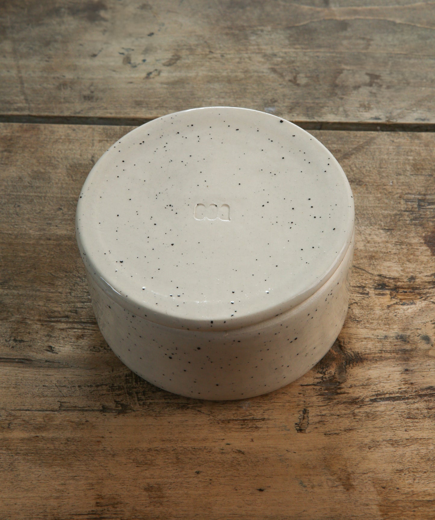 Ceramic French Butter Keeper – Glossy White Speckled Glaze