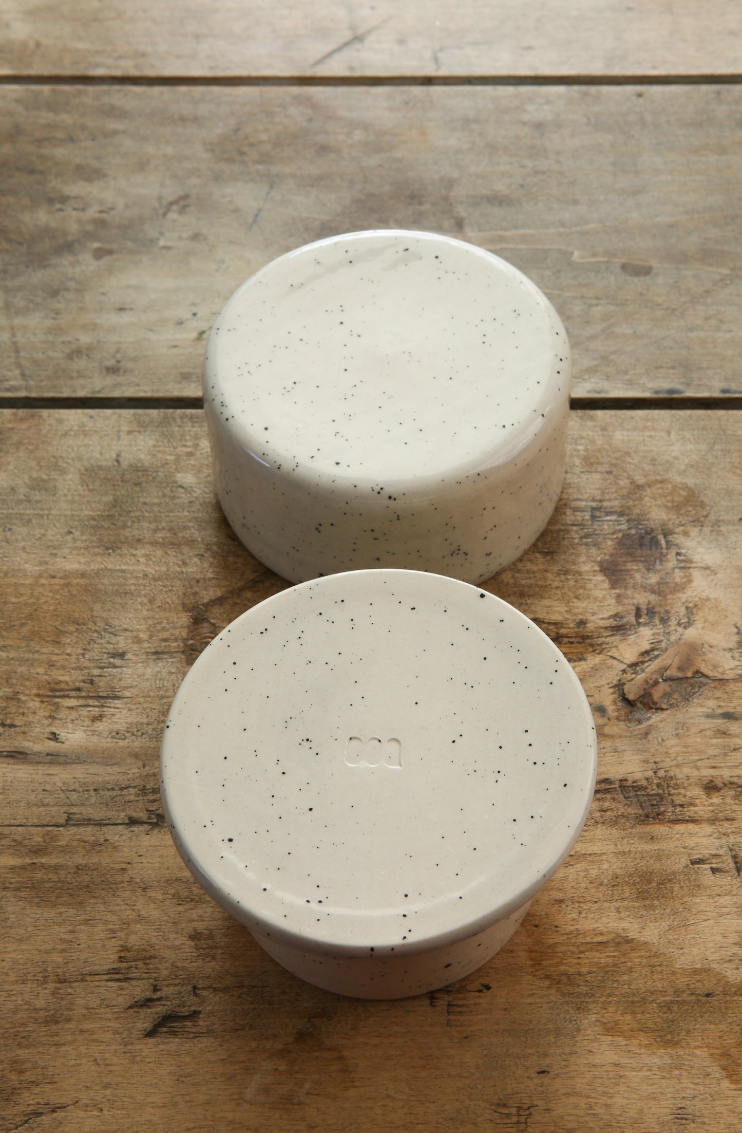 Ceramic French Butter Keeper – Glossy White Speckled Glaze