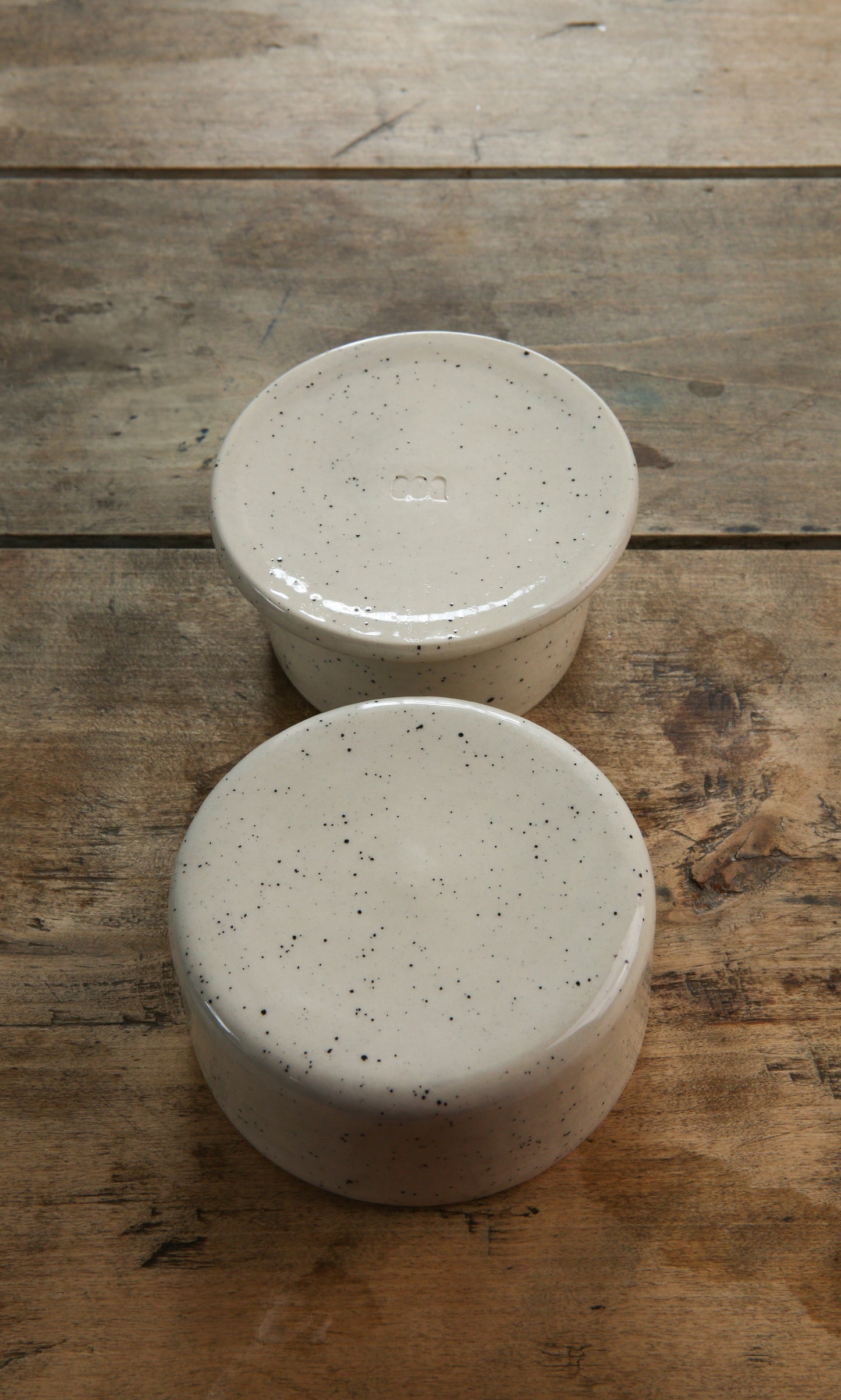 Ceramic French Butter Keeper – Glossy White Speckled Glaze